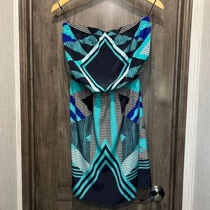 Express Strapless Blue Geometric Dress